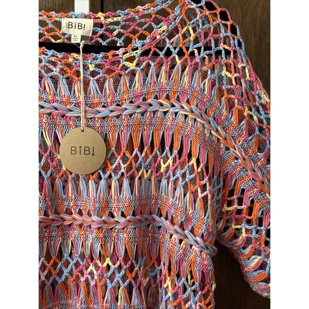 “BiBi” Open Weave cropped knit top; XL- Boho Beach Coastal; multicolor
